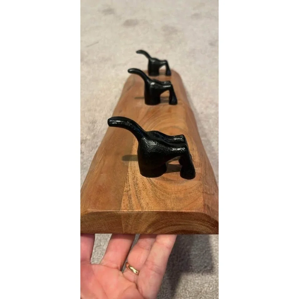 Live Edge Wood Wall Coat Rack with 3 Cast Iron Dog Tail Hooks Rustic Home Decor